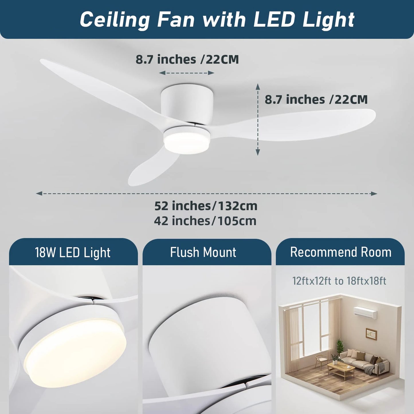 52" Modern Ceiling Fan with LED Light w/ Remote Control