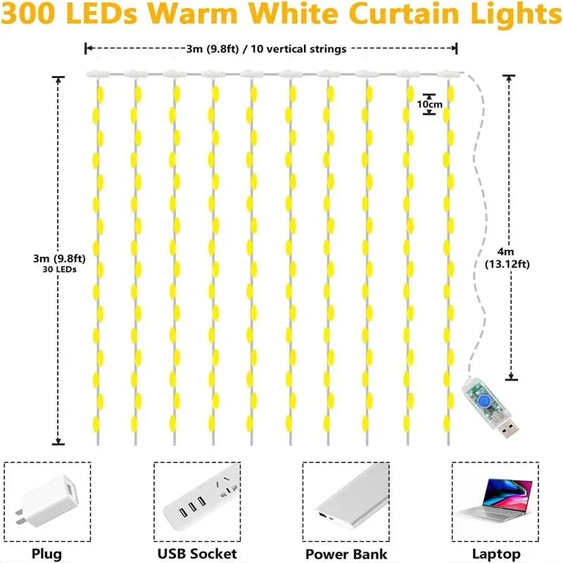 LED Curtain String LightsDecoration USB (3M, 2M, 1M length)